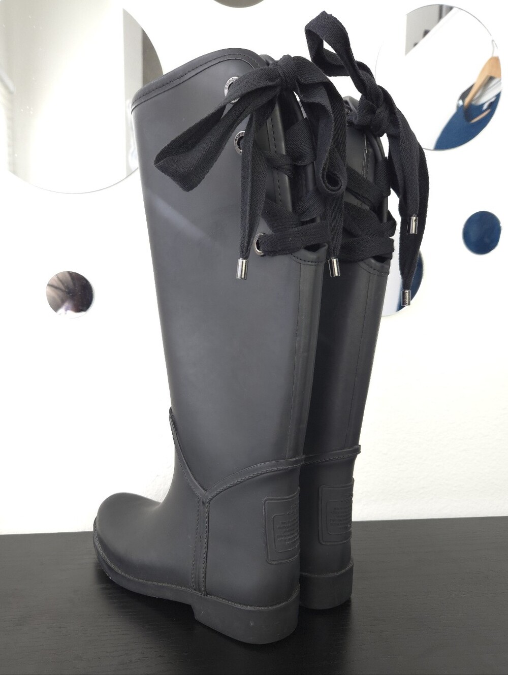 Coach Tristee Matte Black Rubber Rain Boots Lace Up Back Corset Tall Knee High 5